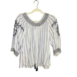 Magnolia Lane Blue White Striped Embroidered Boho Peasant Blouse Top Womens M